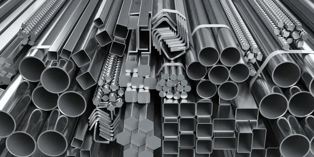 Aluminiumprofile, Rohre und Stangen in verschiedenen Querschnitten, gebündelt gestapelt