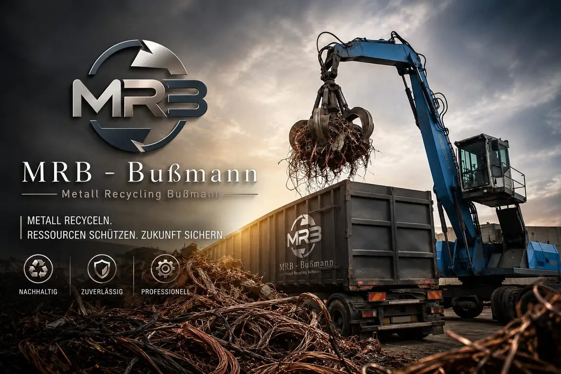Key-Visual von MRB - Bußmann Metall Recycling: Firmenlogo mit dem Claim „Metall recyceln. Ressourcen schützen. Zukunft sichern." neben einem Umschlagbagger, der Kupferschrott in einen Container mit MRB-Logo verlädt